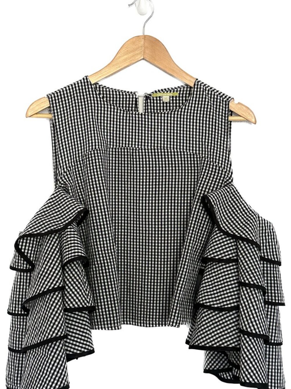 Gianni Bini Lexi Gingham Tiered Sleeves Cold Shoulder Blouse XS EUC